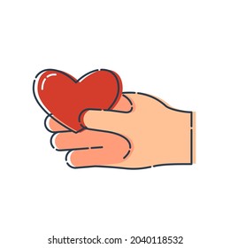 El corazón de forma roja en la mano humana sobre fondo blanco. Ilustración moderna. Objeto simple de estilo plano, gran diseño para cualquier propósito. Celebración, plantilla de romance. Vector.