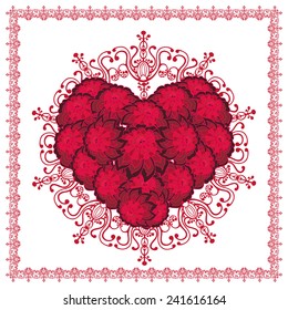 Red shape heart made from flowers on lace red background and lace frame.