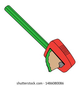 Red sharpener with green pencil. Isolated cartoon stock vector illustration