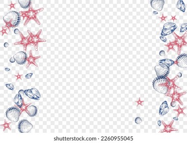 Vector transparente de fondo de la cubierta roja. Gráfico marítimo de Clam. Conjunto aislado. Diseño tropical de caracol gris. Starfish Azul.