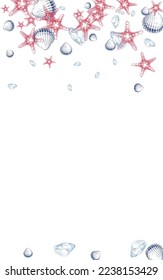 Red Shell Background White Vector. Snail Vintage Design. Doodle Textile Card. Blue Shellfish Print Set.