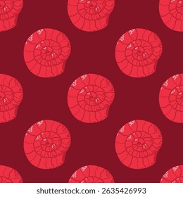 Red Shell Pattern Seamless Background with Abstract Nautical Designs. Repeating red shell-themed pattern perfect for nautical designs, home decor, or beach projects. Features vibrant spiral patterns 