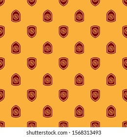 Red Shield in the basketball ball inside icon isolated seamless pattern on brown background.  Vector Illustration