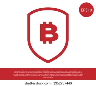 Red Shield with bitcoin icon isolated on white background. Cryptocurrency mining, blockchain technology, bitcoin, security, protect, digital money. Vector Illustration