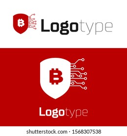 Red Shield with bitcoin icon isolated on white background. Cryptocurrency mining, blockchain technology, security, protect, digital money. Logo design template element. Vector Illustration