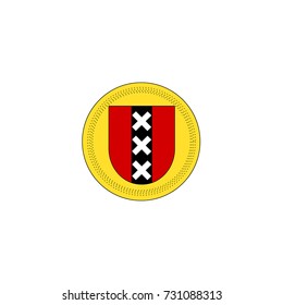 Red shield with black pale and three crosses - flat line coat of arms of Amsterdam on isolated white background. Vector heraldic emblem of the capital of the Netherlands. 