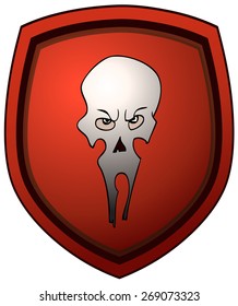 Red Shield with a Cartoon Skull Emblem, Vector Illustration isolated on White Background. 