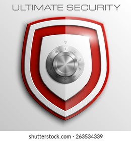 Red Shield Combination Lock isolated on background. Defense sign Protection concept. Safety badge icon. Privacy banner. Security label. Defense tag. Presentation sticker shape. Vector illustration