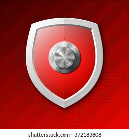 Red Shield Combination Lock isolated on background. Defense sign Protection concept. Safety badge icon. Privacy banner. Security label. Defense tag. Presentation sticker shape. Vector illustration