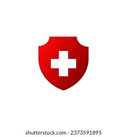 Red shield with cross icon. Providing first aid to patients and their protection symbol and development of vector medical