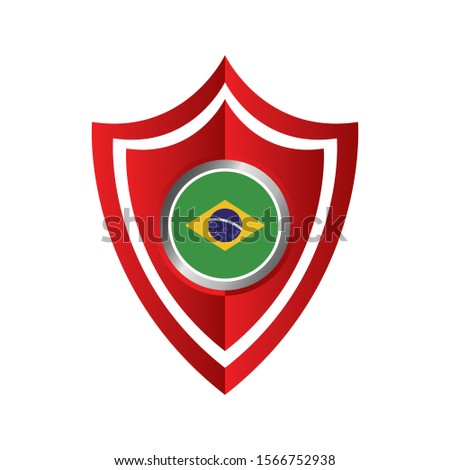 Red shield design of Brazilian flags on shield against white background.