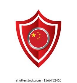 Red shield design of China flags on shield against white background.