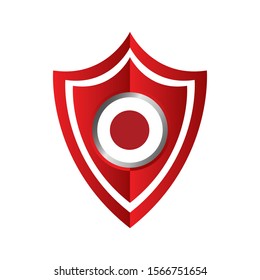 Red shield design of Japan flags on shield against white background.