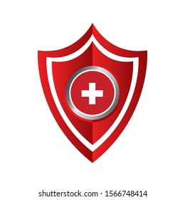 Red shield design of Switzerland flags on shield against white background.