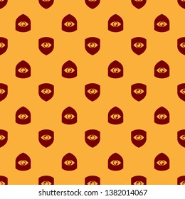 Red Shield and eye icon isolated seamless pattern on brown background. Security, safety, protection, privacy concept. Vector Illustration