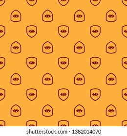 Red Shield and eye icon isolated seamless pattern on brown background. Security, safety, protection, privacy concept. Vector Illustration