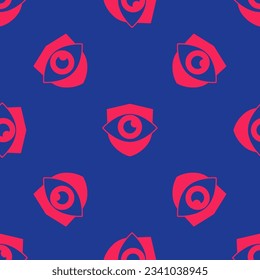 Red Shield and eye icon isolated seamless pattern on blue background. Security, safety, protection, privacy concept.  Vector