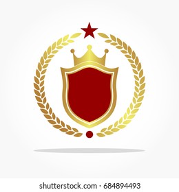 red shield with golden frame and crown, between wheat grasses with shadow effect