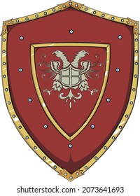 Red shield with heraldic emblem in the center. Medieval emblem vector illustration.