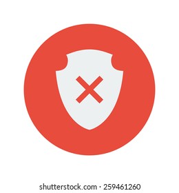 Red shield icon with cross mark. Round vector icon