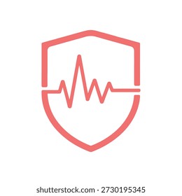Red shield icon with heartbeat line graphic symbolizes protection healthcare and security in a minimalist design style