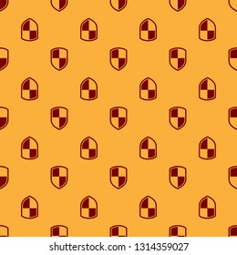 Red Shield icon isolated seamless pattern on brown background. Guard sign. Flat design. Vector Illustration