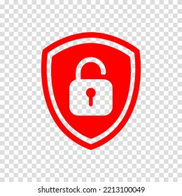 Red shield icon unlock padlock. Vector illustration with symbol on a transparent background.