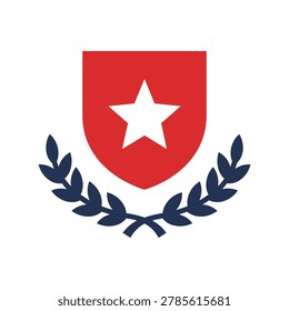 Red shield icon with a white star and dark blue laurel wreath symbol Vector