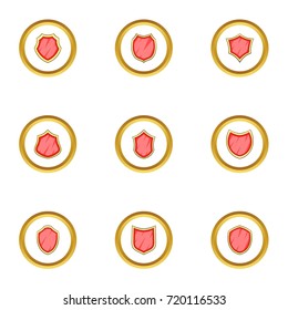 Red shield icons set. cartoon style set of 9 red shield vector icons for web design