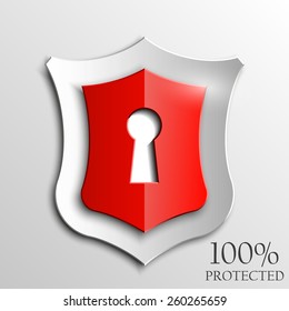 Red Shield with keyhole isolated on white background. Defense sign Protection concept. Safety badge icon. Privacy banner. Security label. Defense tag. Presentation sticker shape. Vector illustration