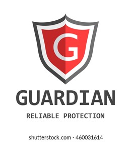 Red shield logo. Vector illustration in flat style with word guardian.