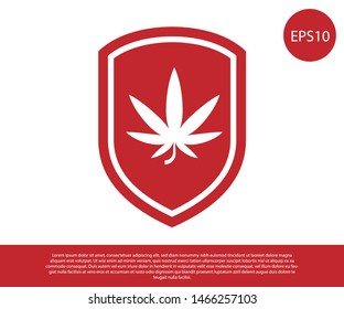 Red Shield and marijuana or cannabis leaf icon isolated on white background. Marijuana legalization. Hemp symbol.  Vector Illustration