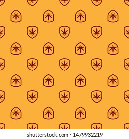 Red Shield and marijuana or cannabis leaf icon isolated seamless pattern on brown background. Marijuana legalization. Hemp symbol.  Vector Illustration