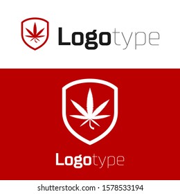 Red Shield and marijuana or cannabis leaf icon isolated on white background. Marijuana legalization. Hemp symbol. Logo design template element. Vector Illustration