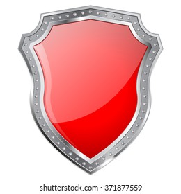 Red shield with metal frame. Vector illustration isolated on white background
