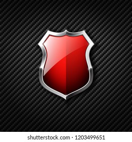Red shield on carbon background. Vector illustration