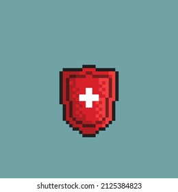 Red Shield With Plus Sign In Pixel Art Style