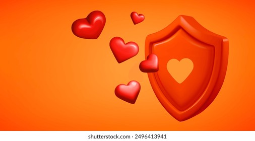 Red shield protecting against red hearts. 3d vector banner with copy space
