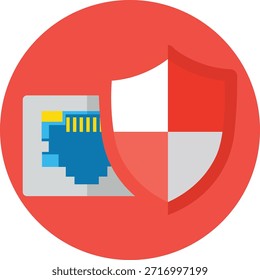 Blindagem vermelha protegendo porta ethernet azul com proteção de acentos amarelo e cinza segurança