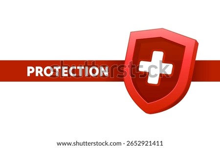 Red shield of protection with plus, medical protection. Vector illustration