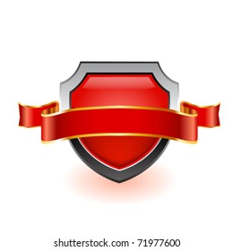 Red shield and red ribbon on white. Vector