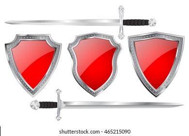 Red shield set with metal frame and swords. Vector illustration isolated on white background