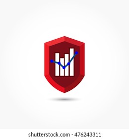 red shield with shadow effect and a blue white chart on it. market logo vector.