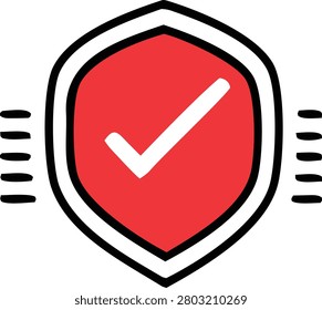 Red shield shape with bold black border containing white checkmark symbol flanked by horizontal stripes representing success security validation authentication and protection.