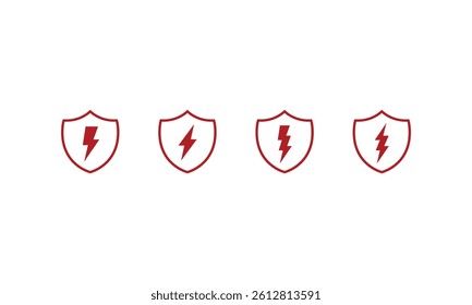 Red shield sign set on white background. Electric shield icon. Surge safety, electricity safety. Shield and lightning, vector illustration.