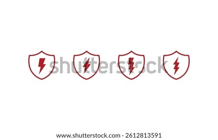 Red shield sign set on white background. Electric shield icon. Surge safety, electricity safety. Shield and lightning, vector illustration.