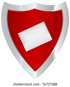 Red shield with silver edging and a white closed envelope