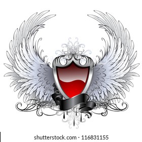 red shield with a silver stylized angel wings and dark ribbon on a white background.