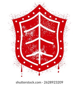 Red shield with spray paint graffiti