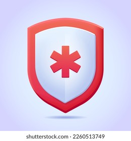 Roter Schild mit Stern des Lebenszeichens. Medizin, Notfall, Krankenwagen, Krankenhaus, Gesundheitskonzept. 3D-Vektorsymbol für Website, Banner, Landing Page, Print. Schild dreidimensionale Abbildung.